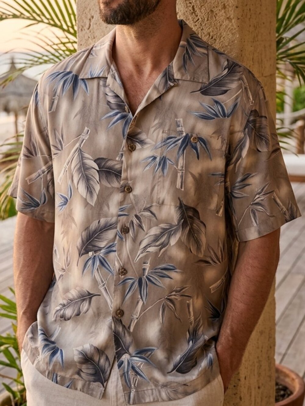 Joseph & Feiss XL 100% Silk Camp Shirt Bamboo Leaf Tan Blue Quiet Luxury